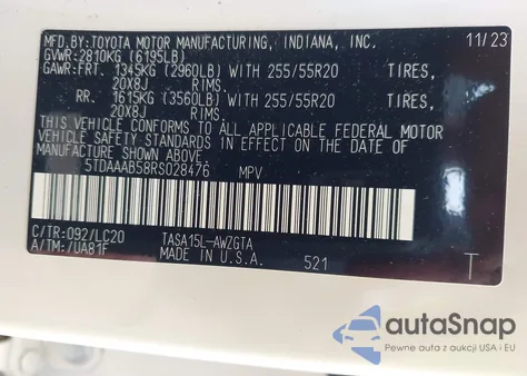 2024 Toyota Grand Highlander Limited z USA, uszkodzony, nr VIN 5TDAAAB58RS028476